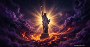 Surreal Statue of Liberty with lava textures and dramatic light rays