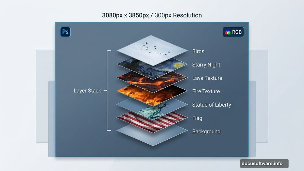 Photoshop canvas setup with layered composite resources at 300px resolution