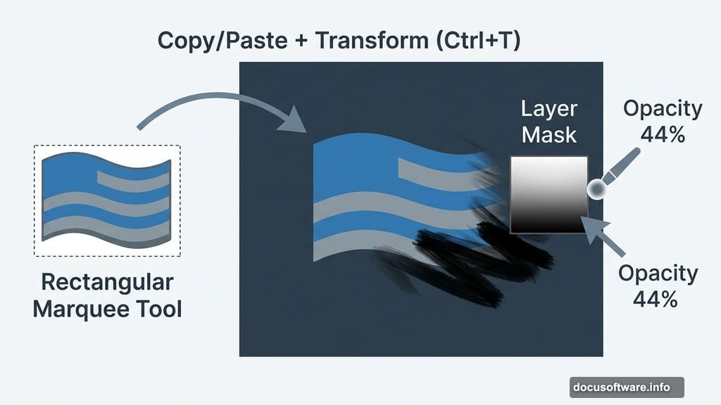 Layer mask and Soft Round Brush at 44% opacity blending flag edges