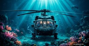 Surreal helicopter submerged underwater surrounded by glowing coral reefs