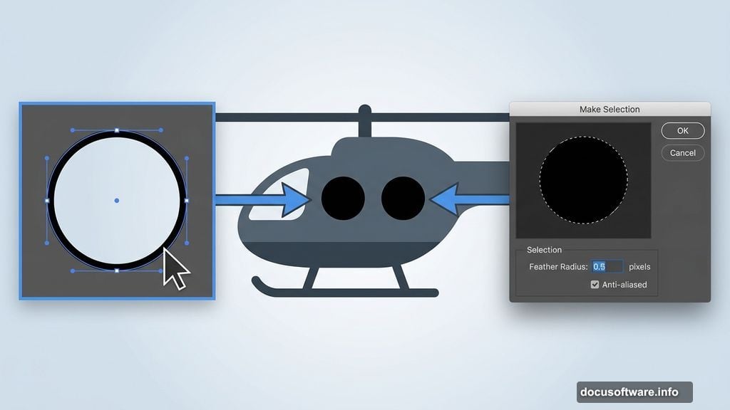 Pen Tool tracing helicopter windows to create porthole cutout effect