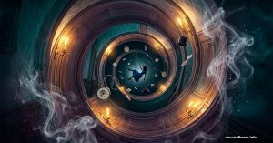 Surreal Alice in Wonderland Photoshop manipulation with swirling Victorian corridor