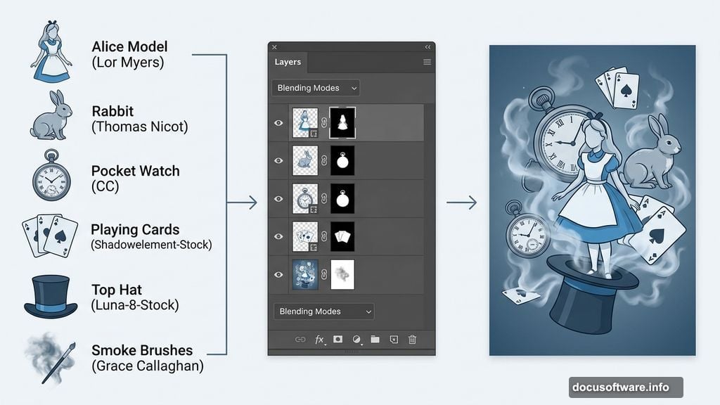 Photoshop layers panel combining masks blending modes and adjustment layers