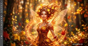 Glowing autumn fairy with wings in a dreamy Photoshop forest composite