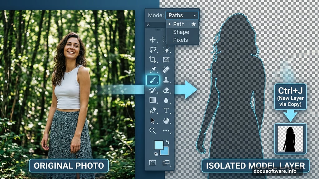 Cutting out model with Pen Tool set to Paths in Photoshop