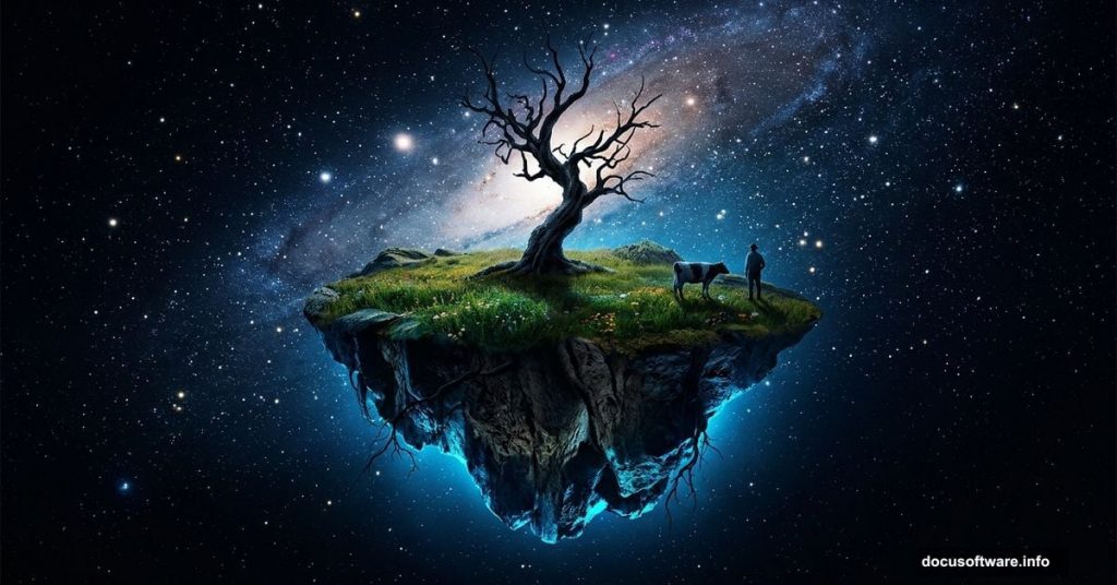 Eerie floating island with figures glowing in a starlit night sky