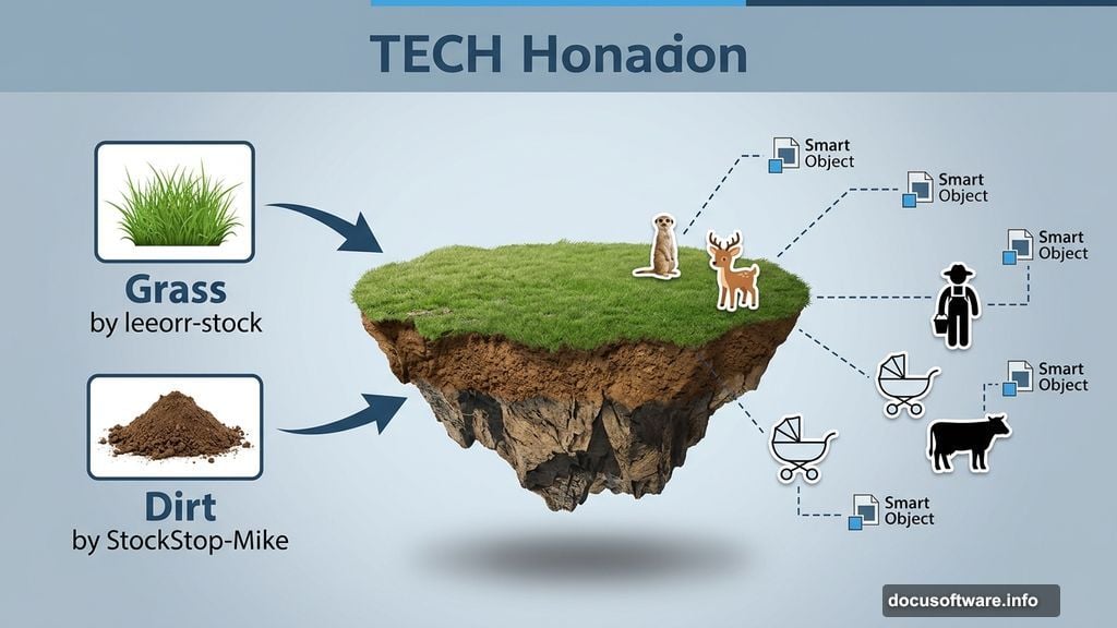 Floating island populated with meerkat, deer, farmer, cow, and carriage