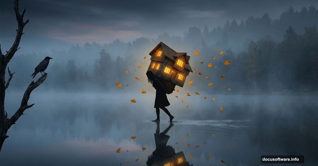 Surreal woman carrying a glowing house across a misty lake
