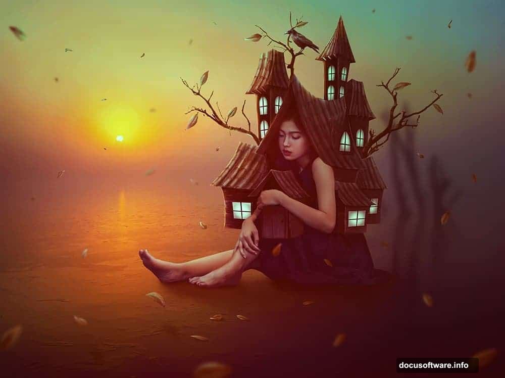 Setting up Photoshop canvas with lake background at 2674x2000 px