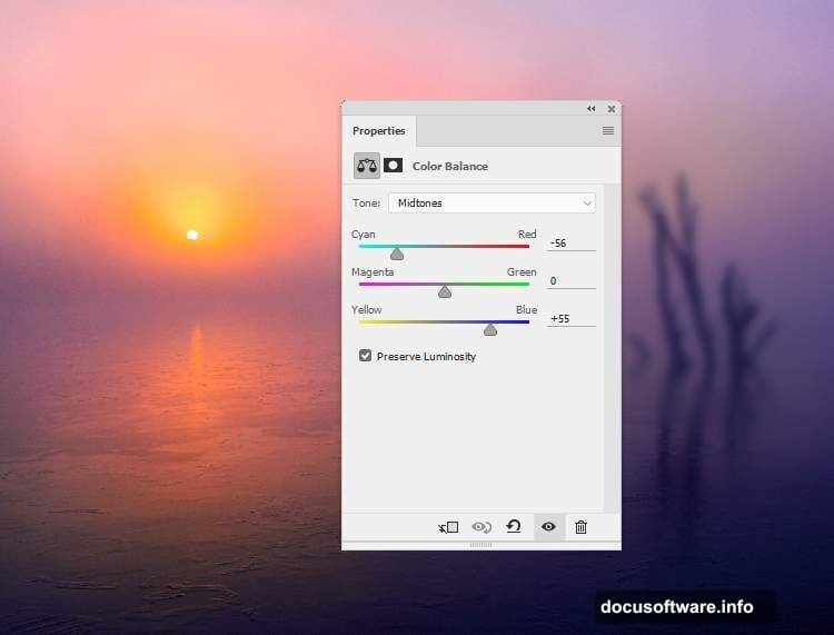 Color Balance adjustment layer clips over model with cool Midtones settings