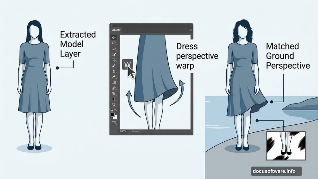 Liquify Forward Warp Tool adjusts dress to match lake ground perspective
