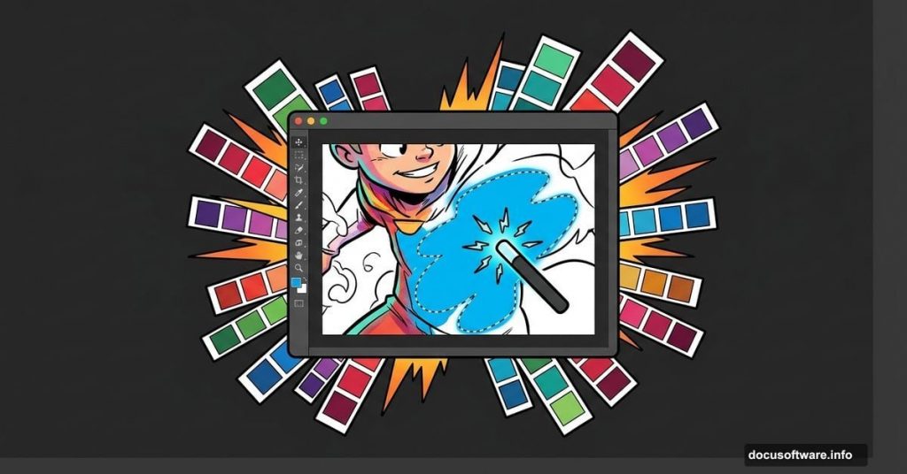 Photoshop canvas with cartoon lineart being filled with vibrant colors