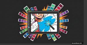 Photoshop canvas with cartoon lineart being filled with vibrant colors