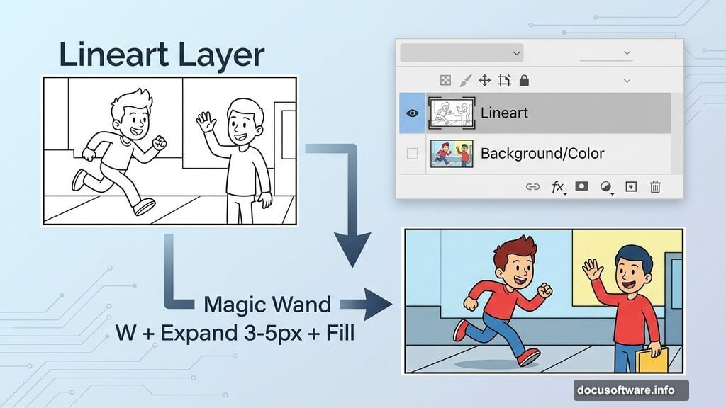 Magic Wand tool fills flat cartoon colors beneath separated lineart layer