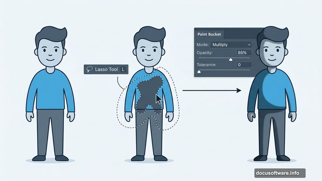 Lasso tool selection with Paint Bucket Multiply mode adds depth shading