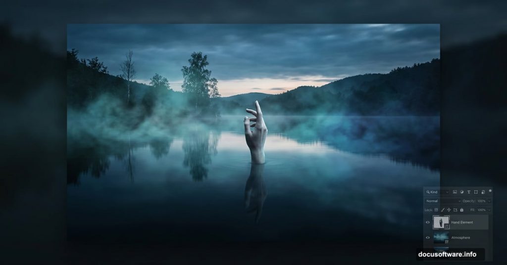 Eerie mystical lake scene with hand emerging from dark water