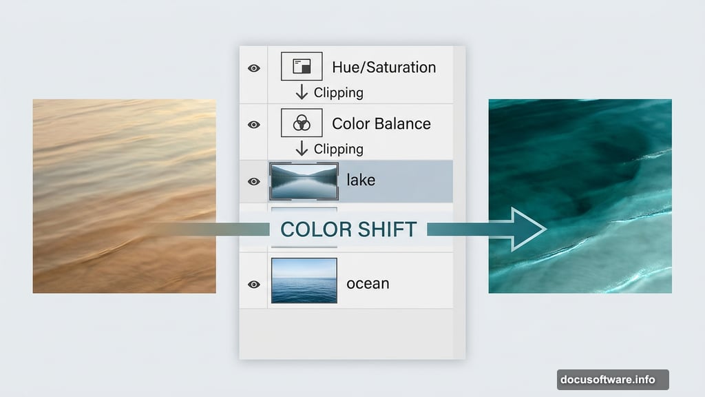 Hue/Saturation and Color Balance adjustment layers create eerie blue-green atmosphere