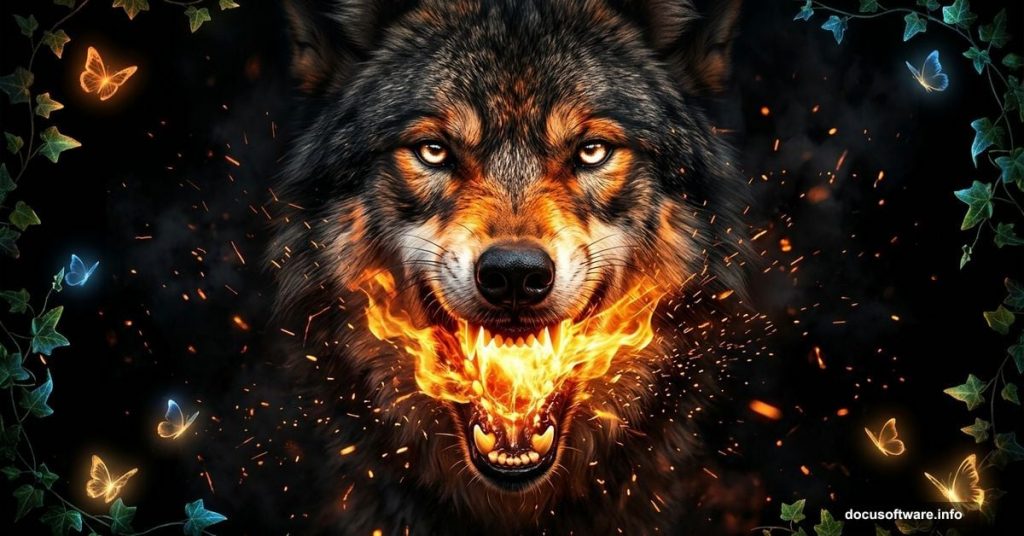 Majestic wolf with glowing fire mouth effect in Photoshop composite