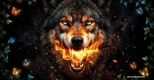 Majestic wolf with glowing fire mouth effect in Photoshop composite