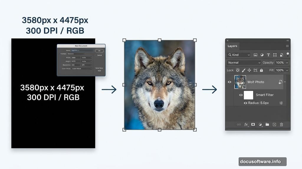 Canvas setup with Smart Object conversion and Gaussian Blur filter