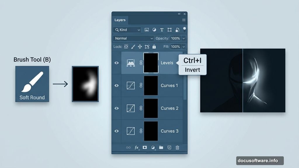 Curves and Levels adjustment layers with black masks painted selectively
