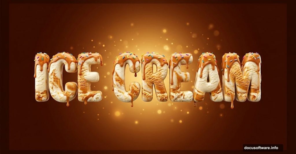 Glossy dripping ice cream 3D text on warm chocolate background