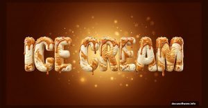 Glossy dripping ice cream 3D text on warm chocolate background