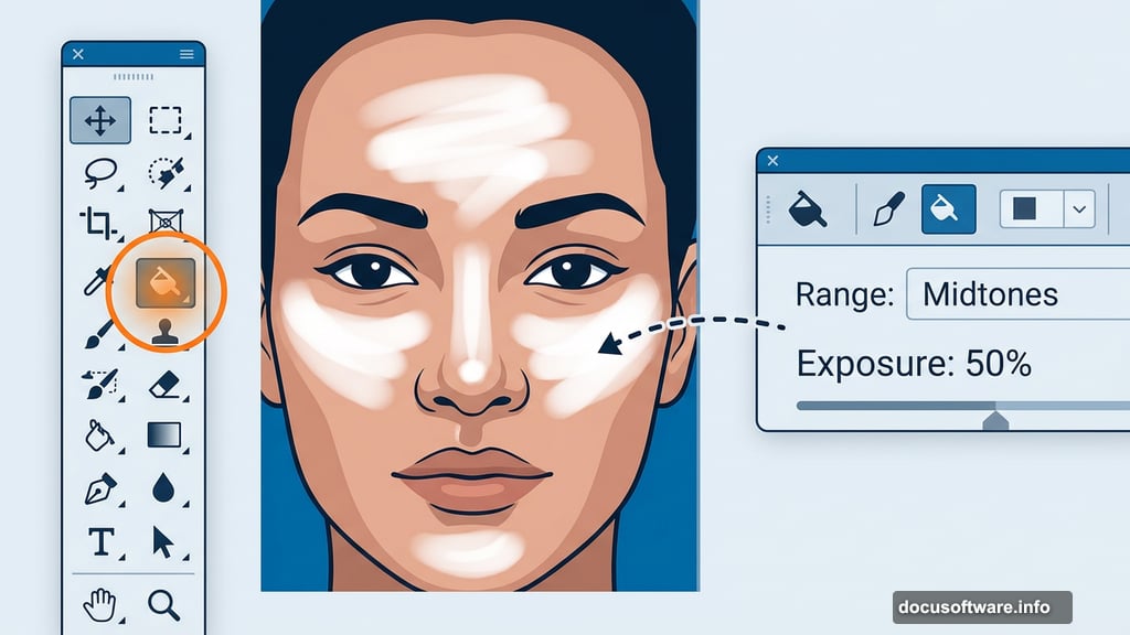 Dodge Tool set to Midtones Exposure 50% sculpting facial features portrait