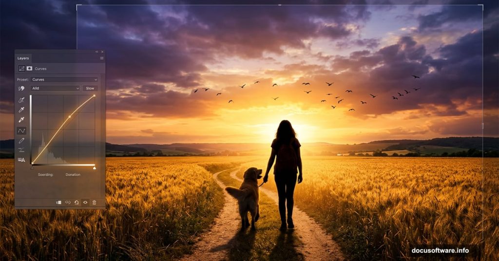 Silhouetted girl and dog walking toward glowing sunrise in Photoshop
