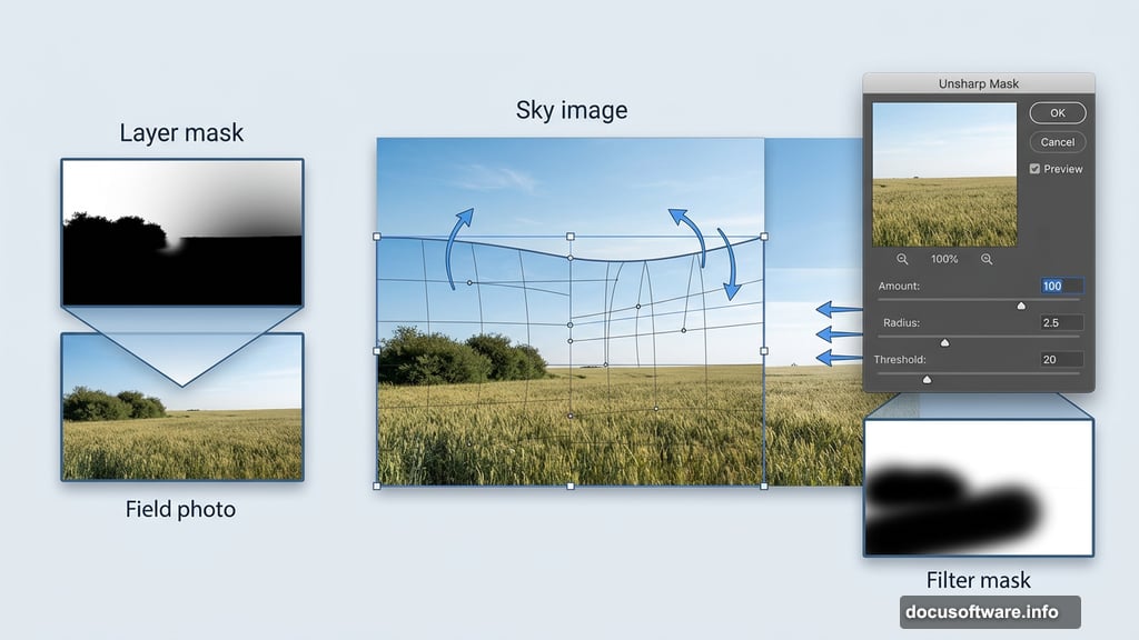 Field layer mask and Unsharp Mask filter blend ground into scene