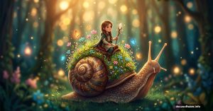 Young girl riding giant snail with magical grassy meadow shell
