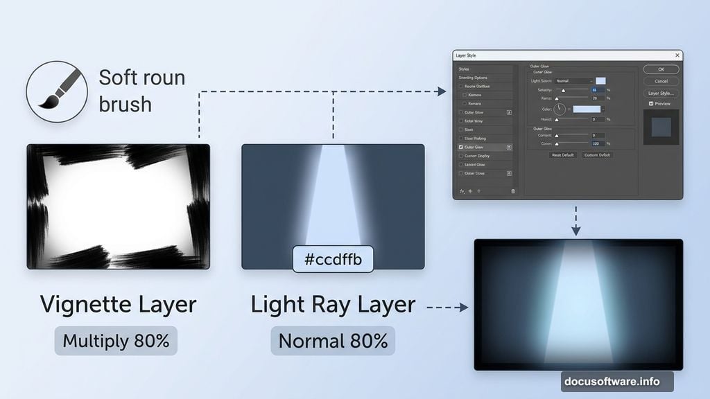 Vignette and light rays with Outer Glow Layer Style effect