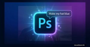 Photoshop logo with AI chat bubble generating automatic photo edits