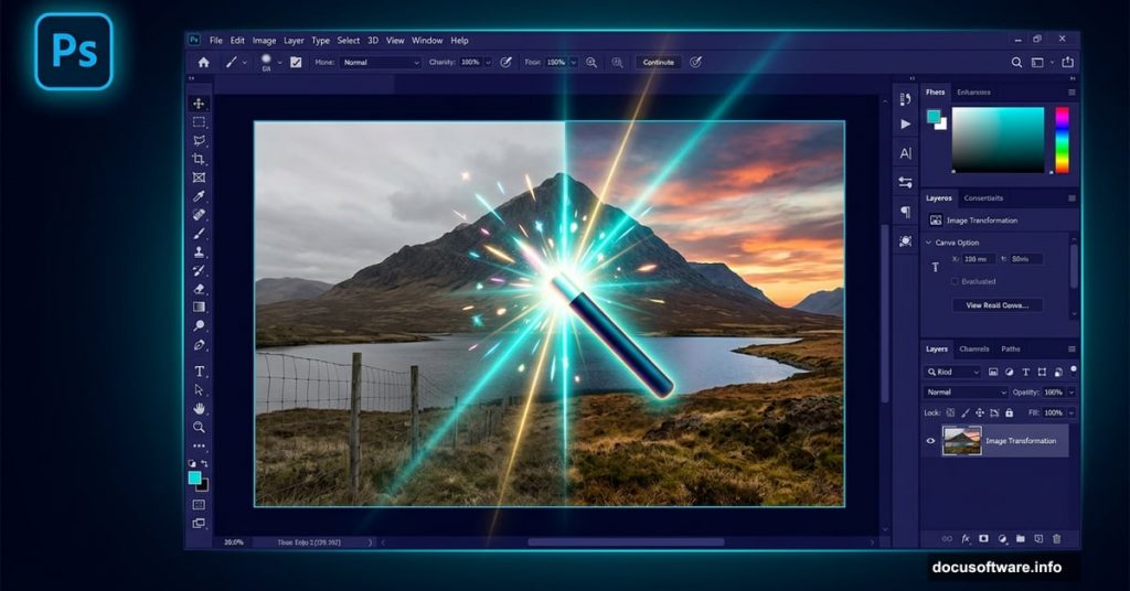 Adobe Photoshop AI tools transforming a photo with glowing magic cursor
