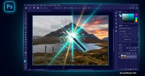 Adobe Photoshop AI tools transforming a photo with glowing magic cursor