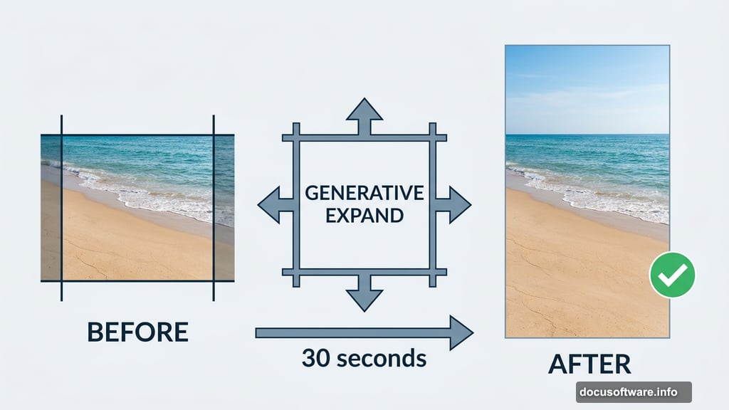 Generative Expand extends photo canvas adding more sky and sand