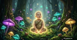 Glowing baby surrounded by magical luminous mushrooms in enchanted forest