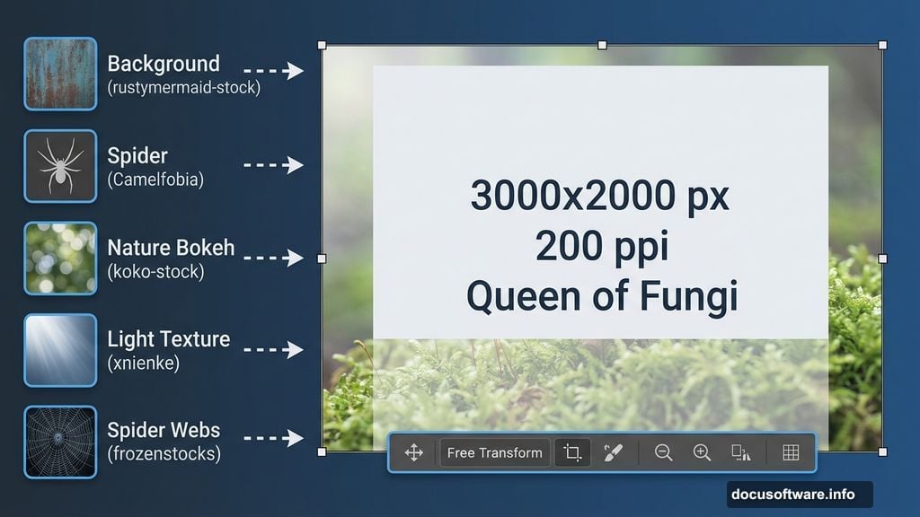 Photoshop canvas setup at 3000 pixels wide using Free Transform tool