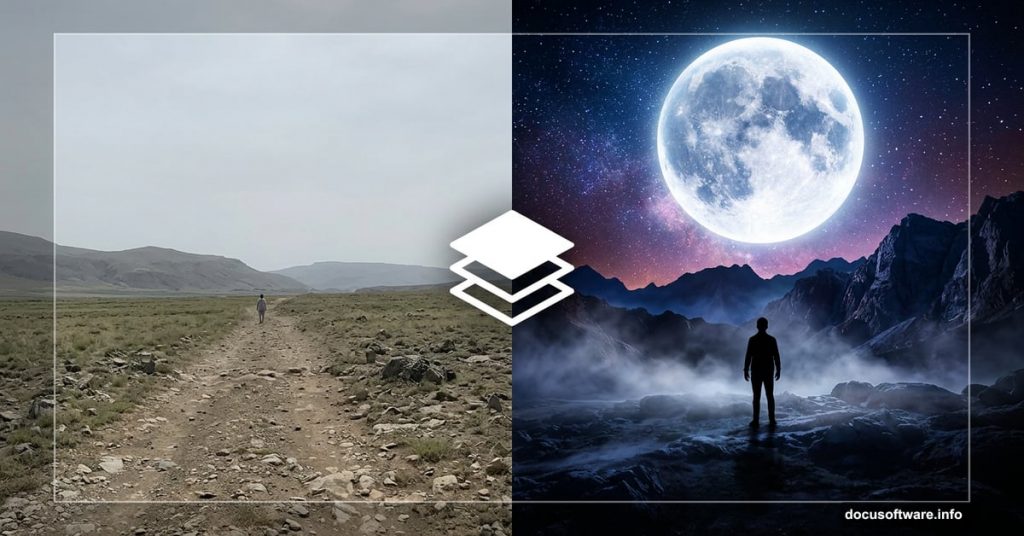 Boring daytime landscape transforming into dramatic moonscape using Photoshop