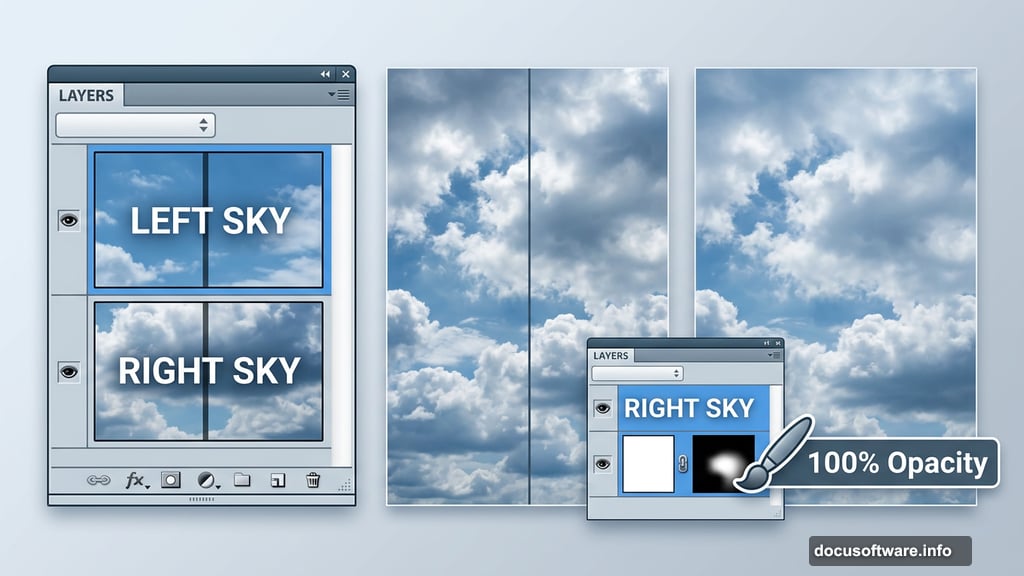 Two sky layers blended seamlessly using Photoshop layer masks