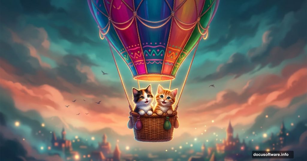 Two cute kittens soaring in a colorful hot air balloon over a blurred cityscape