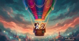 Two cute kittens soaring in a colorful hot air balloon over a blurred cityscape