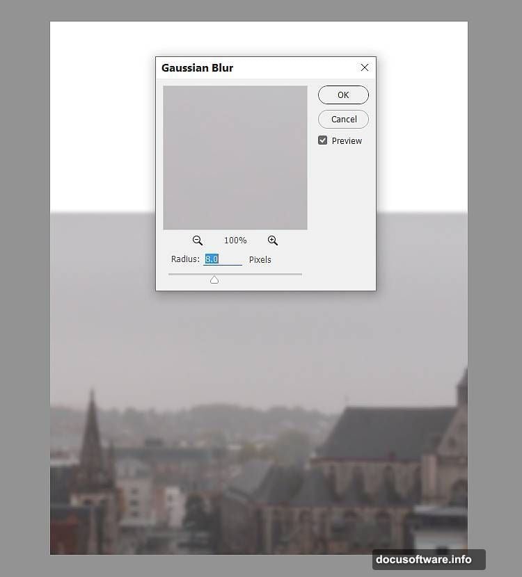 Sky layer mask with soft brush blending sky into city below