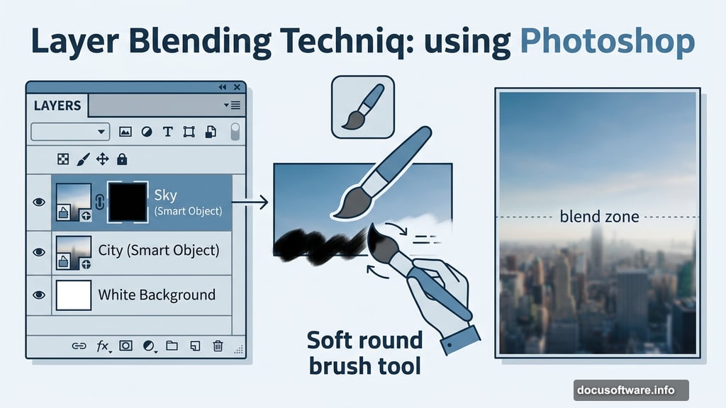 Layer mask with soft brush blends sky smoothly into blurred cityscape