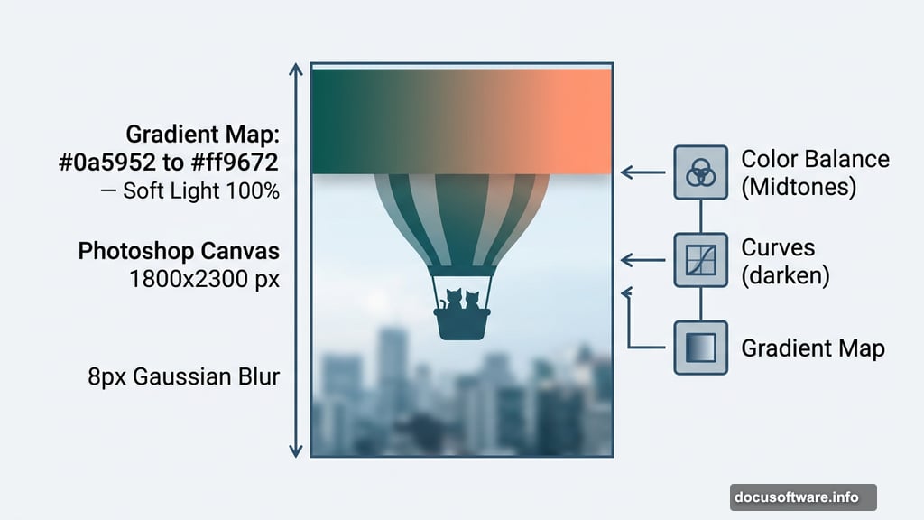 Gradient Map and Curves adjustment layers add cinematic color grading