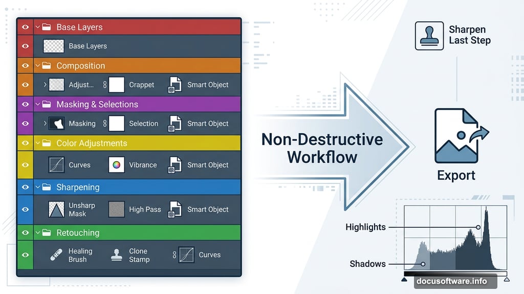 Non-destructive editing with organized layers and sharpening applied last