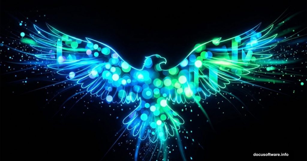 Neon glowing abstract eagle with vibrant blue and green light effects