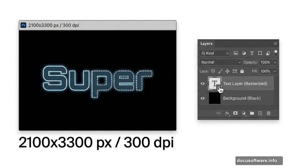Rasterized Tetra font text layer on solid black Photoshop canvas