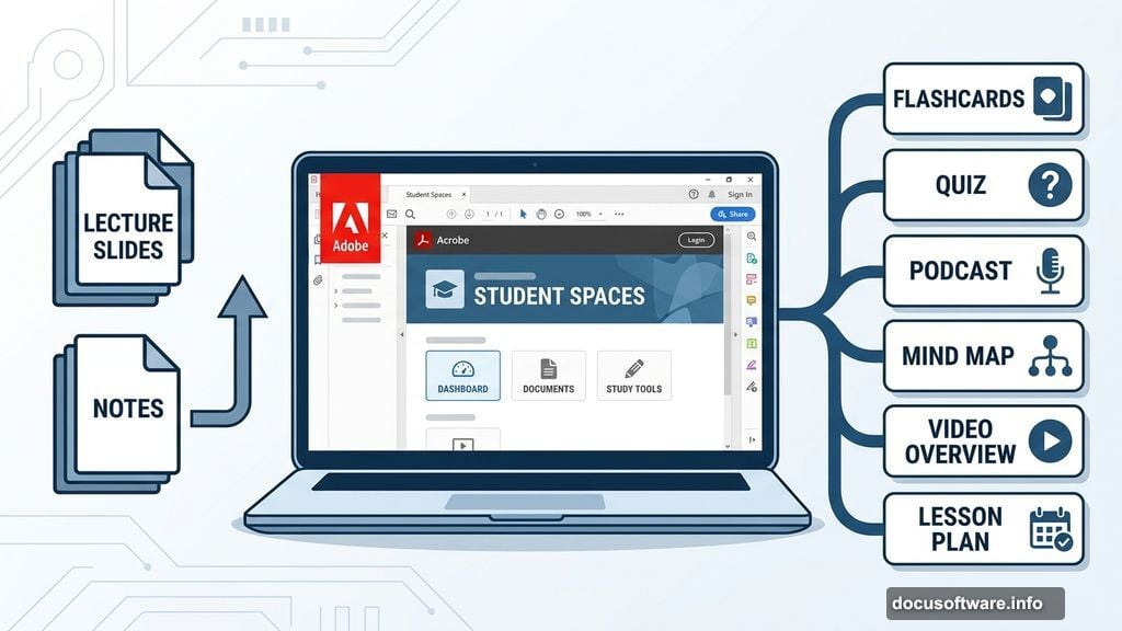 Adobe Acrobat Student Spaces generates flashcards quizzes podcasts and mind maps