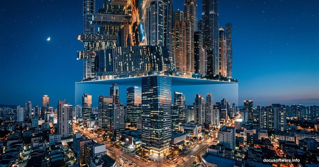 City skyline bending vertically like Inception using Photoshop manipulation